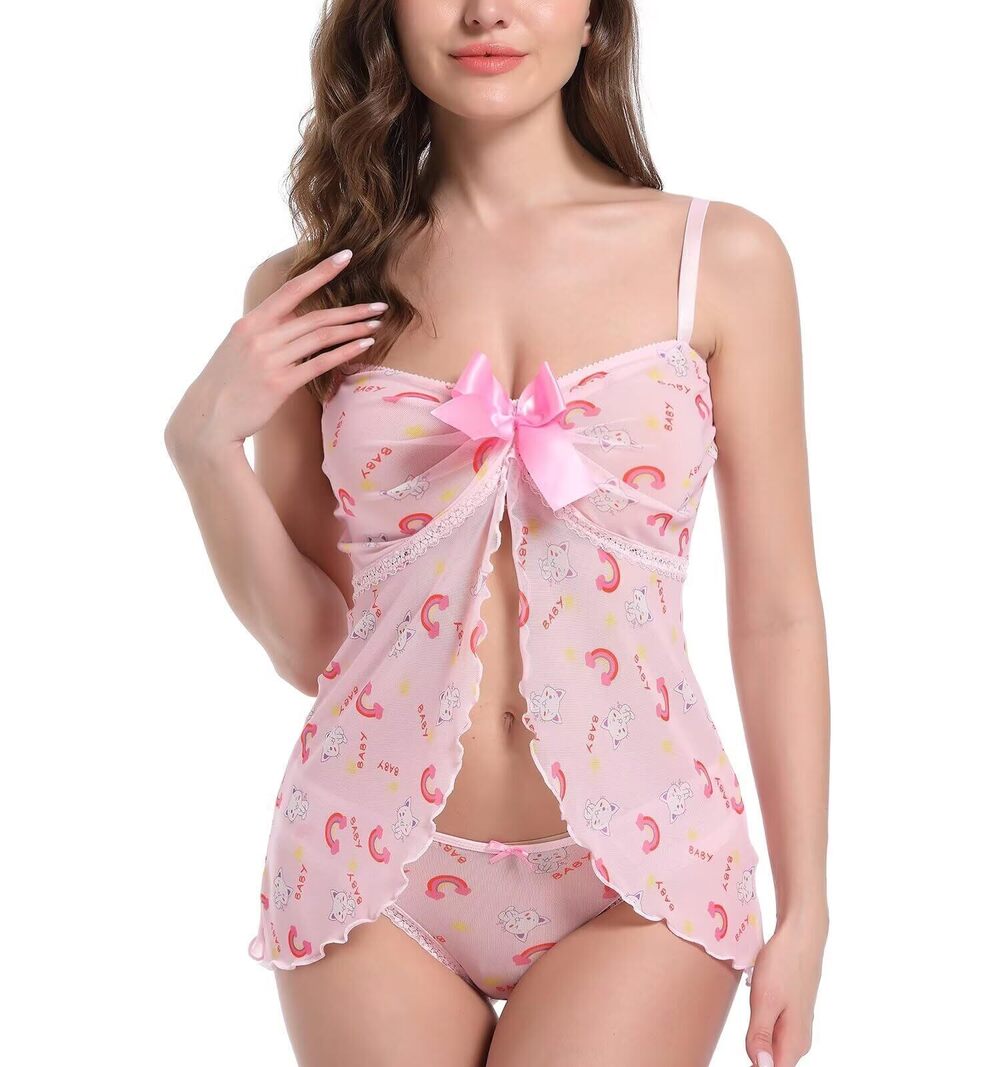 9923 Lingerie Set Lace Babydoll Chemise Strap Sleepwear Open Front Cut